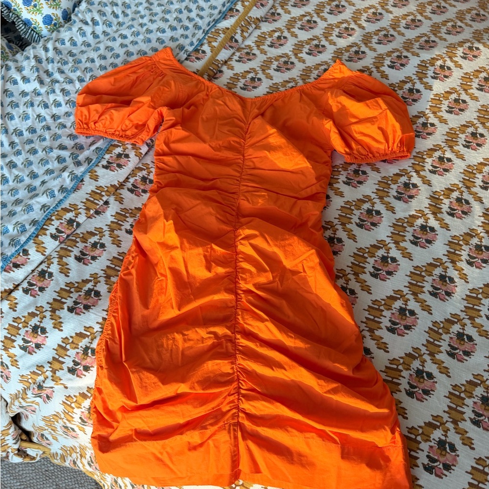 Ganni Orange Ruched Puff-Sleeve Mini Dress - Picture 6 of 6